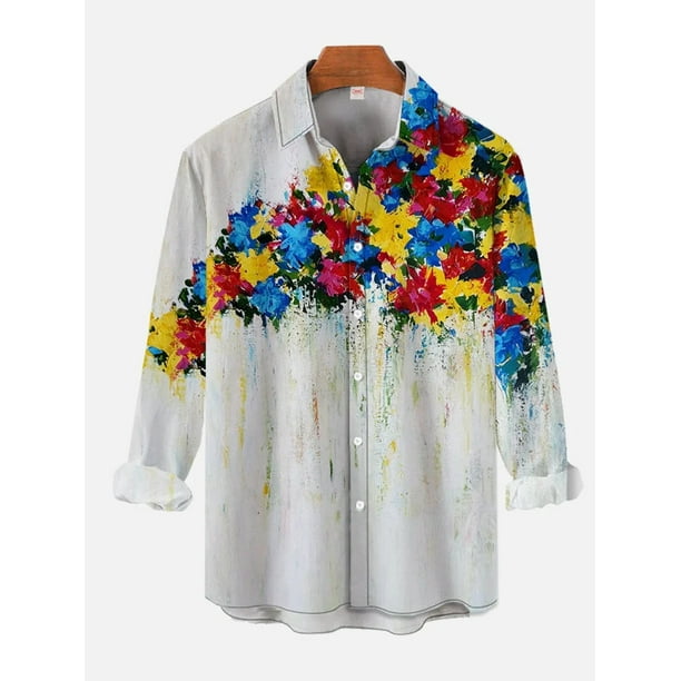 Camisa de hombre con estampado 3D de pintura al oleo estampado floral colorido camisas de manga larga ropa de calle con botones disenador de moda informal Walmart en linea