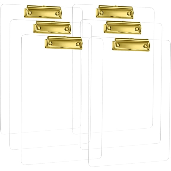 6 Pcs Thick Acrylic Clear Clipboards Cute Transparent Gold Clipboard with Strong Clip and Hidden Hanging Hole for A4 Paper, Art Student, Drawing, Office, School, Warehouse, Classroom