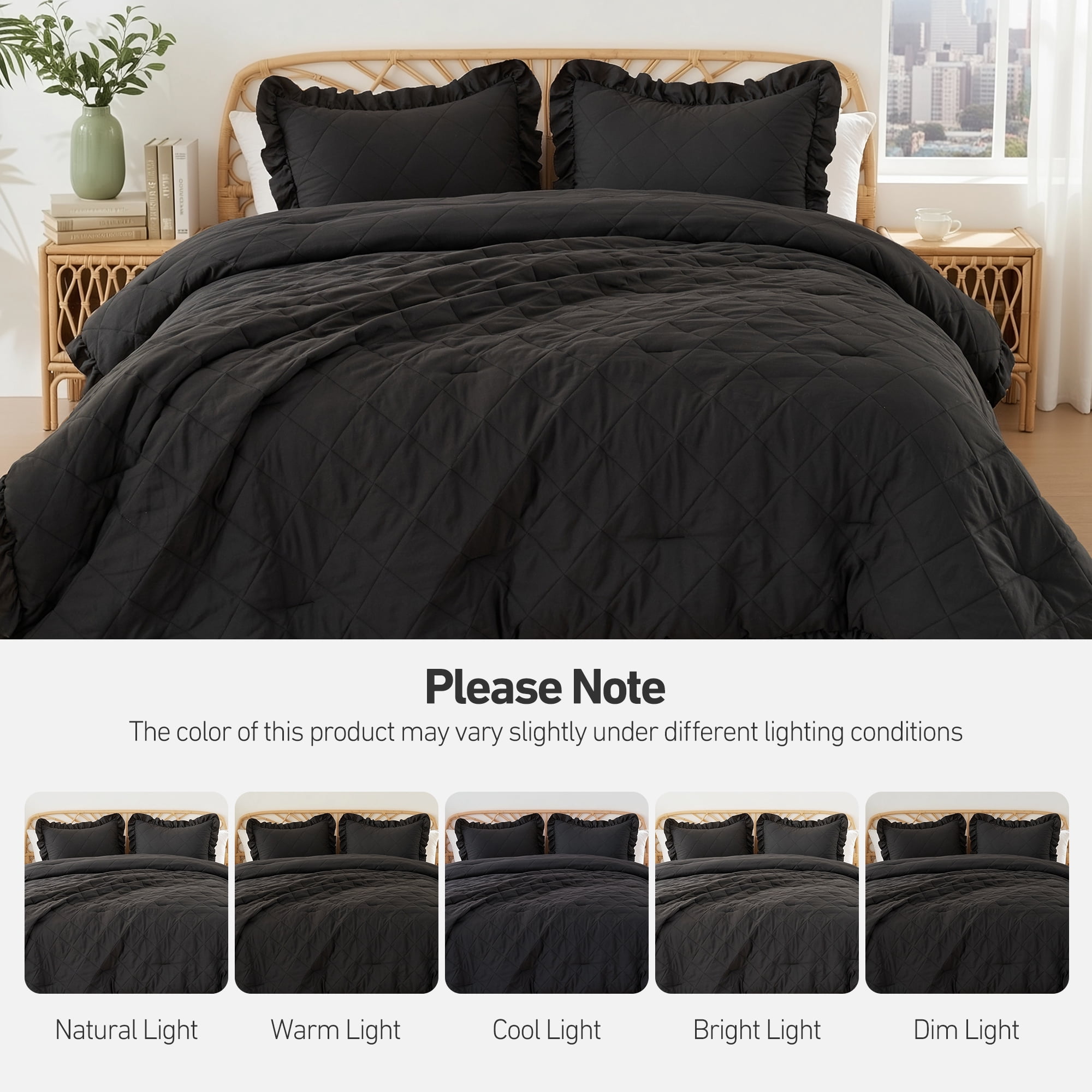 Regency Heights Twin/Twin XL Comforter Set Black, 2 Pieces Quilted Ruffle Comforters Twin/Twin XL Size, Solid Bedding Comforters Sets, Gift for Women