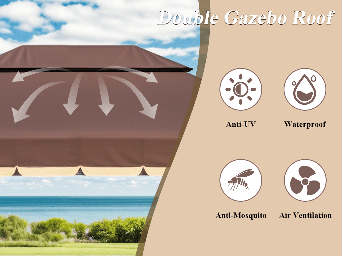 Grezone 10×13 FT Deluxe No Screws Gazebo,Double Roof Outdoor Shelter Tent with Mosquito Nettings and Privacy Screens