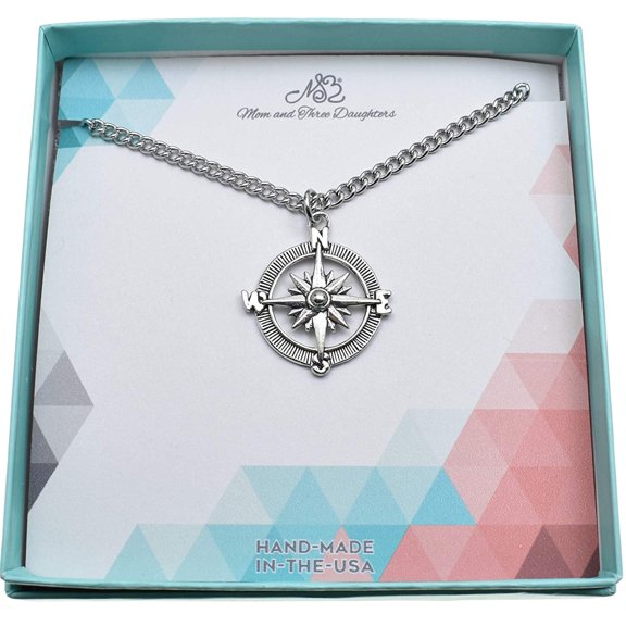 Mom and Three Daughters Antique Silver Pewter Compass Necklace, 22" Steel Chain, (Men)