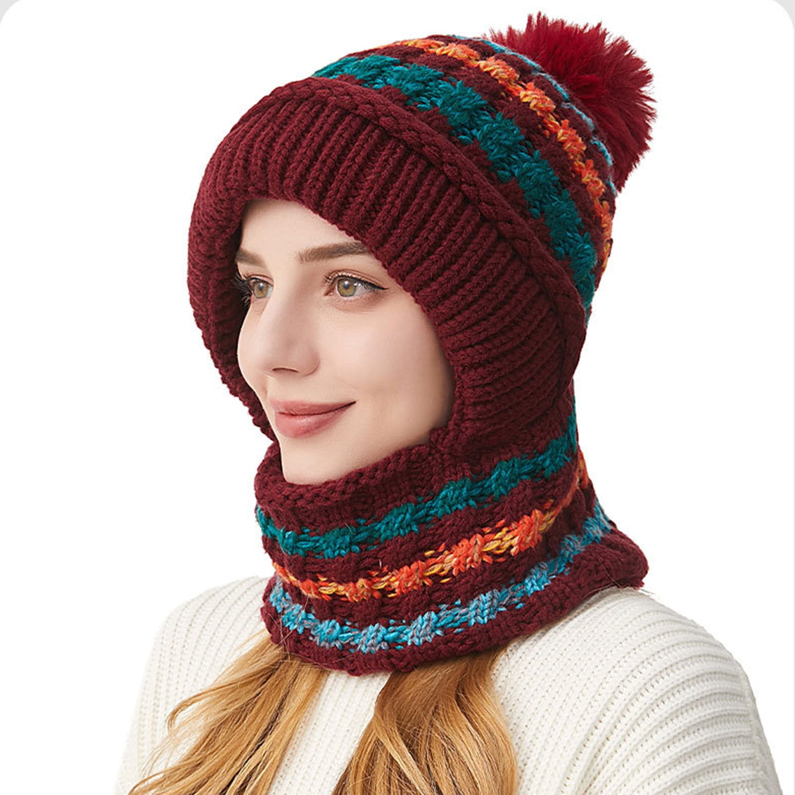 Cadancy Women Winter Hats 3 In 1 Beanie Hat with Scarf and Mask Chunky Knitted Color Block Snow Caps Pompom Cute Warm Stocking Cap Windproof Cozy Cold Weather Balaclava