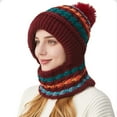 thumbnail image 4 of Cadancy Women Winter Hats 3 In 1 Beanie Hat with Scarf and Mask Chunky Knitted Color Block Snow Caps Pompom Cute Warm Stocking Cap Windproof Cozy Cold Weather Balaclava, 4 of 5