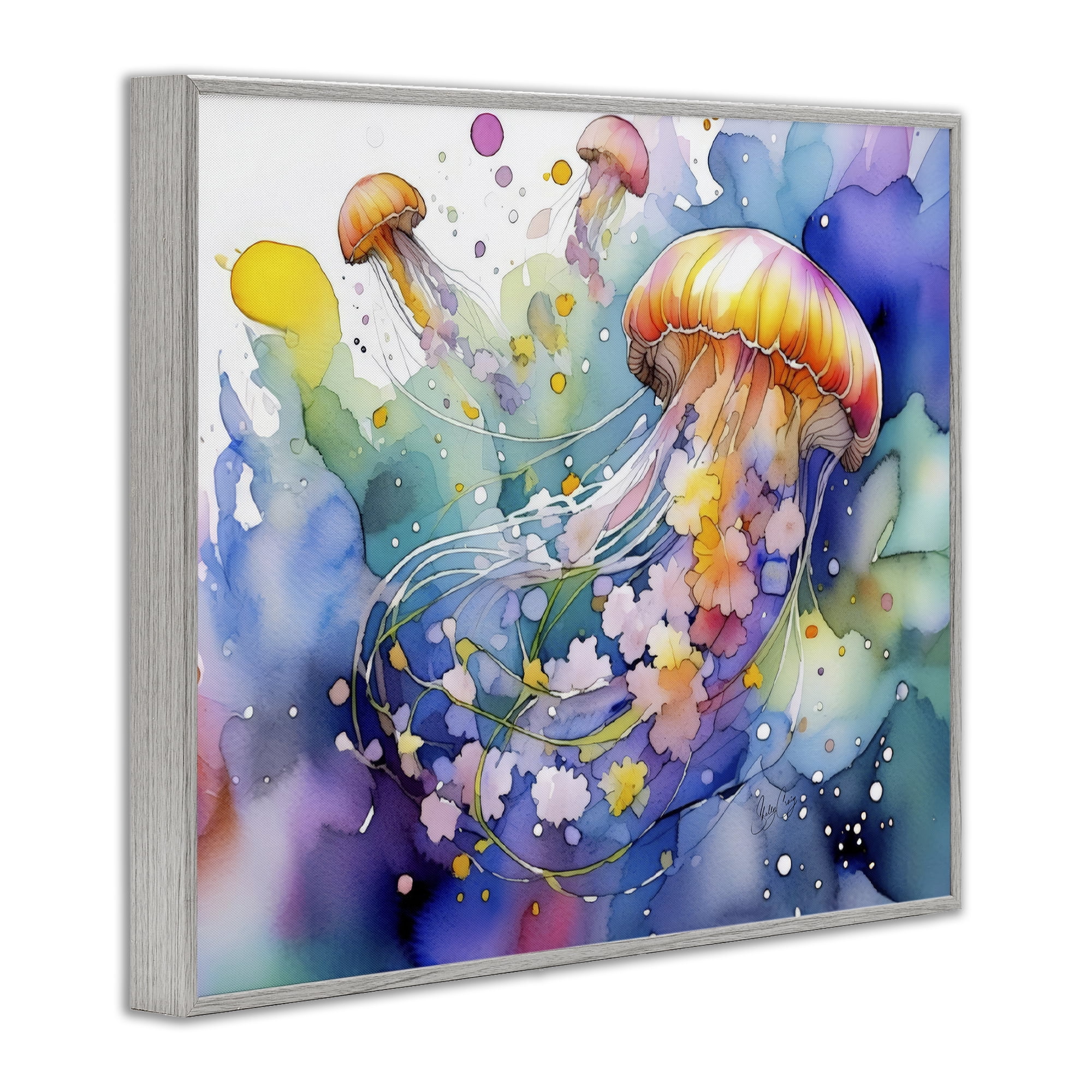 Stupell Industries Neon Jellyfish Underwater Gray Framed Giclee Art, design by Shelly Craig