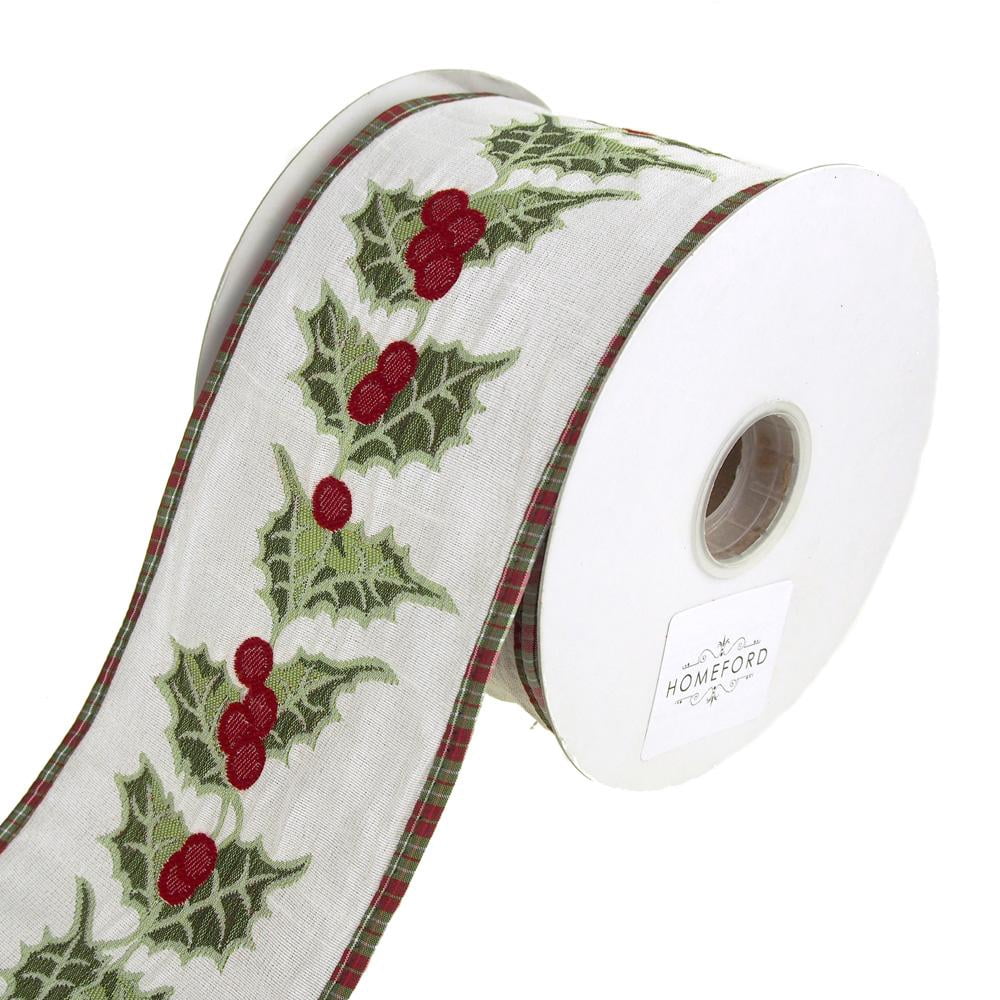 Holly Berry and Leaf Embroidered Wired Christmas Holiday Ribbon, 4-Inch ...