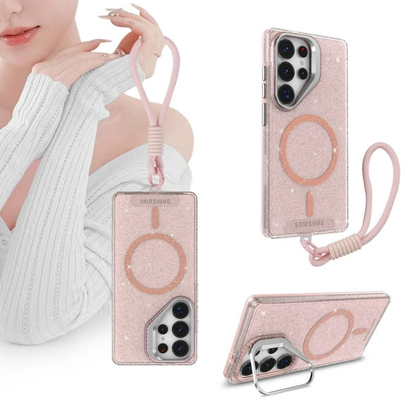 TECH CIRCLE Lanyard Phone Case for Galaxy S25 Ultra, Cute Spots Transparent Back Magnetic Case with Wrist Strap, Kickstand, Compatible with MagSafe Accessories, Protective Slim Clear Cover, Pink