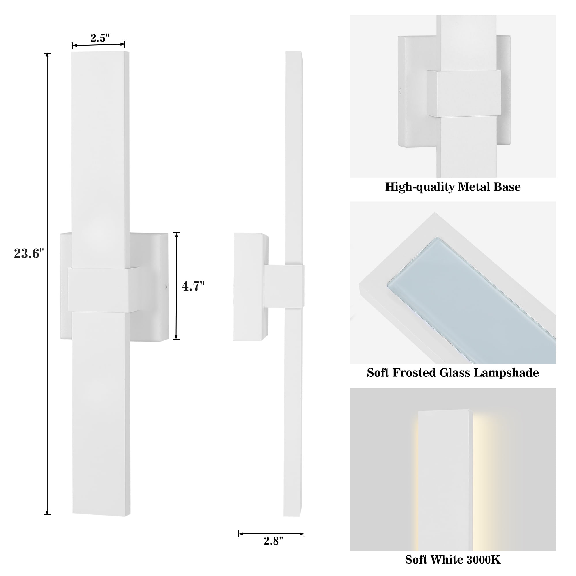 Outdoor LED Wall Light LED Linear Modern Porch & Patio Wall Sconce Black Exterior Lights Wall Light for Living Room Garage Bathroom(23.6H White)