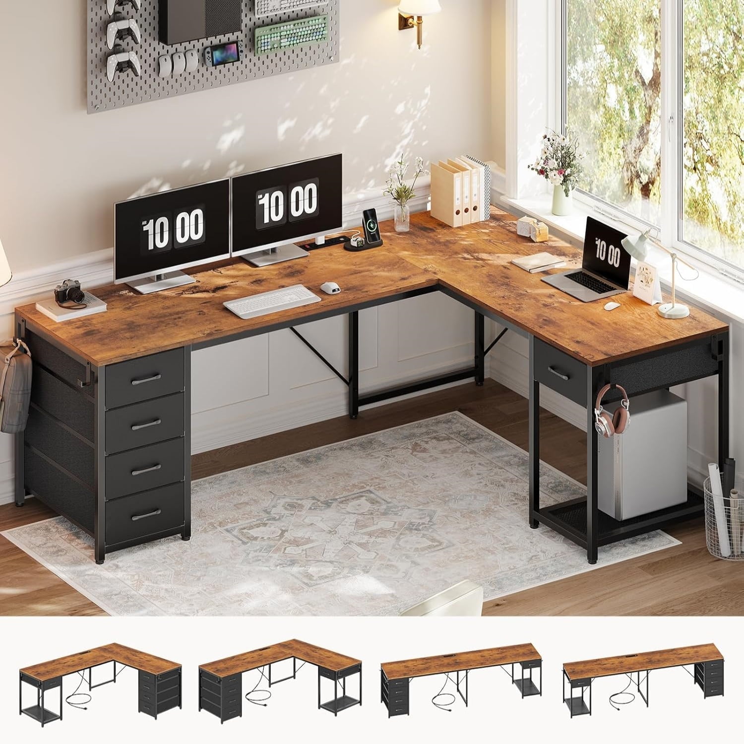 L Shaped Desk with Storage, Two Person Gaming Desk with Power Outlets & Spacious Desktop, Corner Computer Desk with 5 Drawers & Open Shelf, Rustic Brown