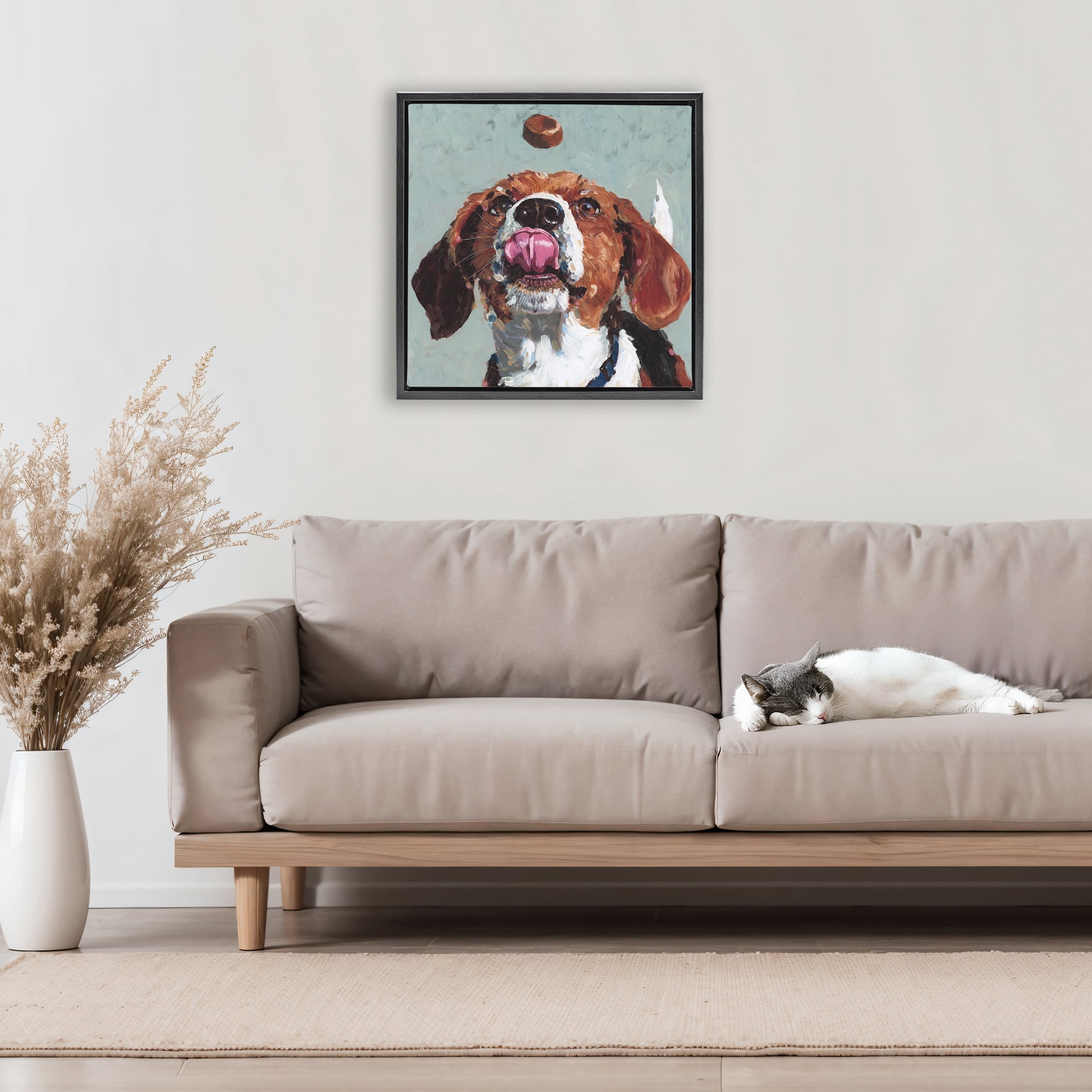 Stupell Industries Beagle Treat Excitement Black Framed Floater Canvas Wall Art, design by Studio Bautista