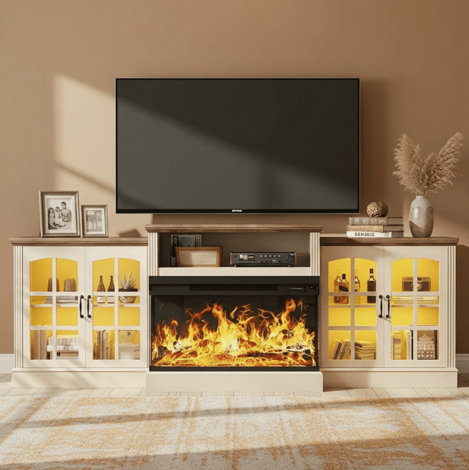 Easoger 97" TV Stand with Electric Fireplace, 3-Sided Glass Display Media Console for Over 100" TVs, Large Storage with Glass Doors & Shelves, LED Backlight, White + Light Walnut