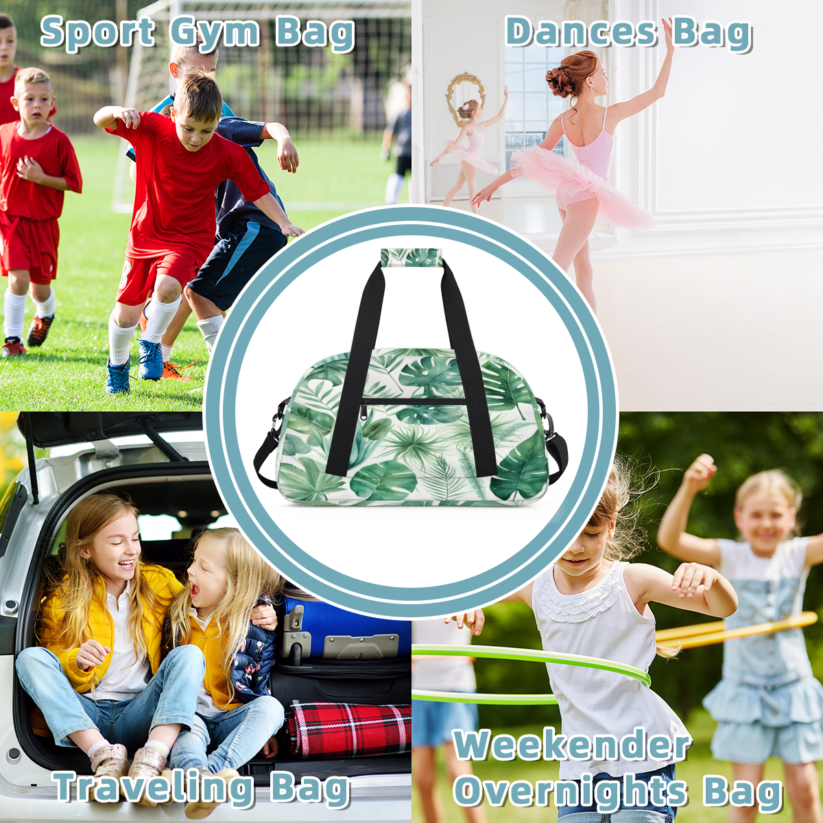 Herdesigns Green Leaves Sports Duffle Bag for Women & Men, Green Palm Monstera Leaf Gym Bag Dance Bag Overnight Bag Carry On Weekender Travel Bag