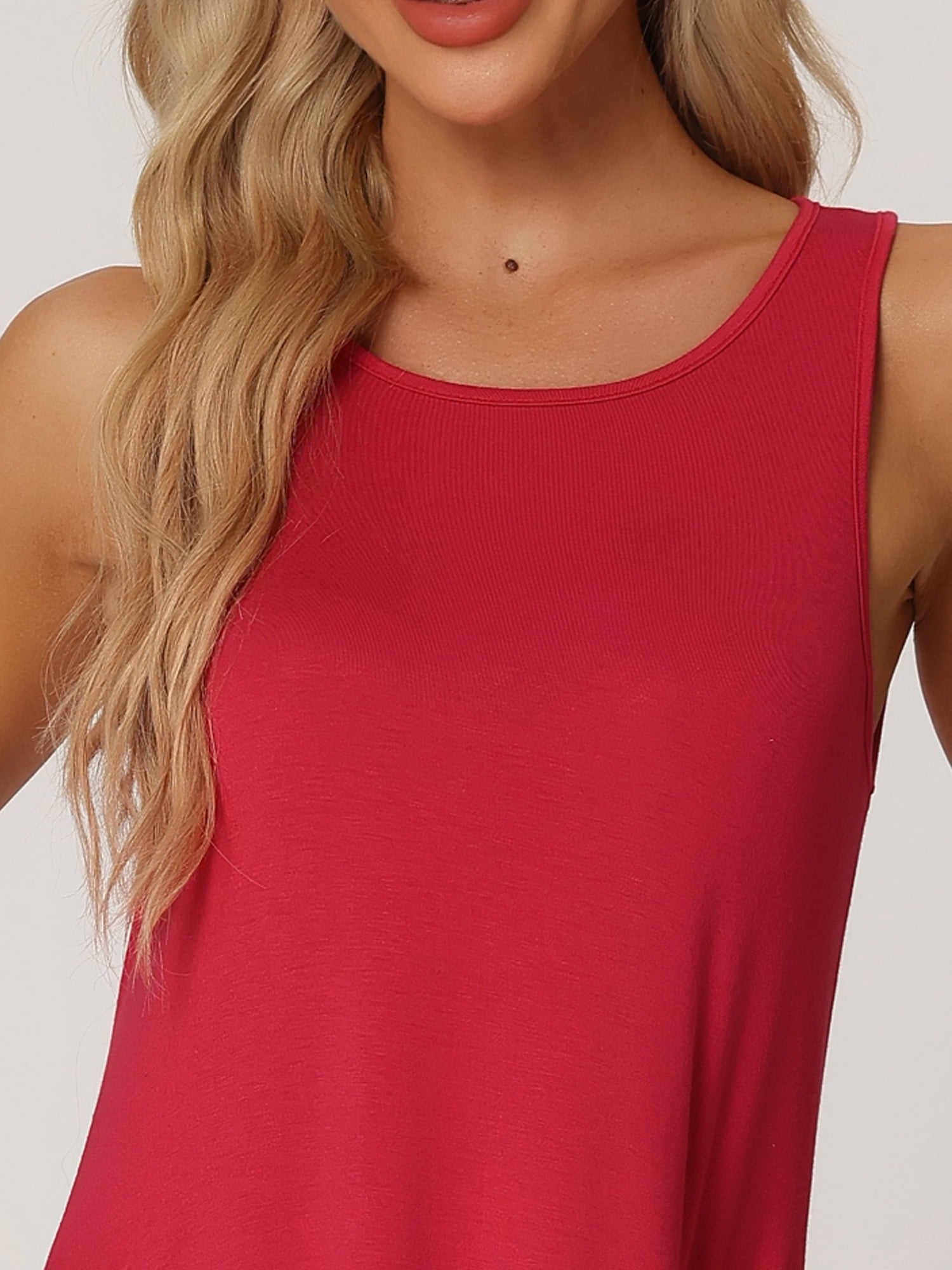 DARING DIVA Women's Sleeveless Tank Dress Basic Nightgown with Pockets M Red
