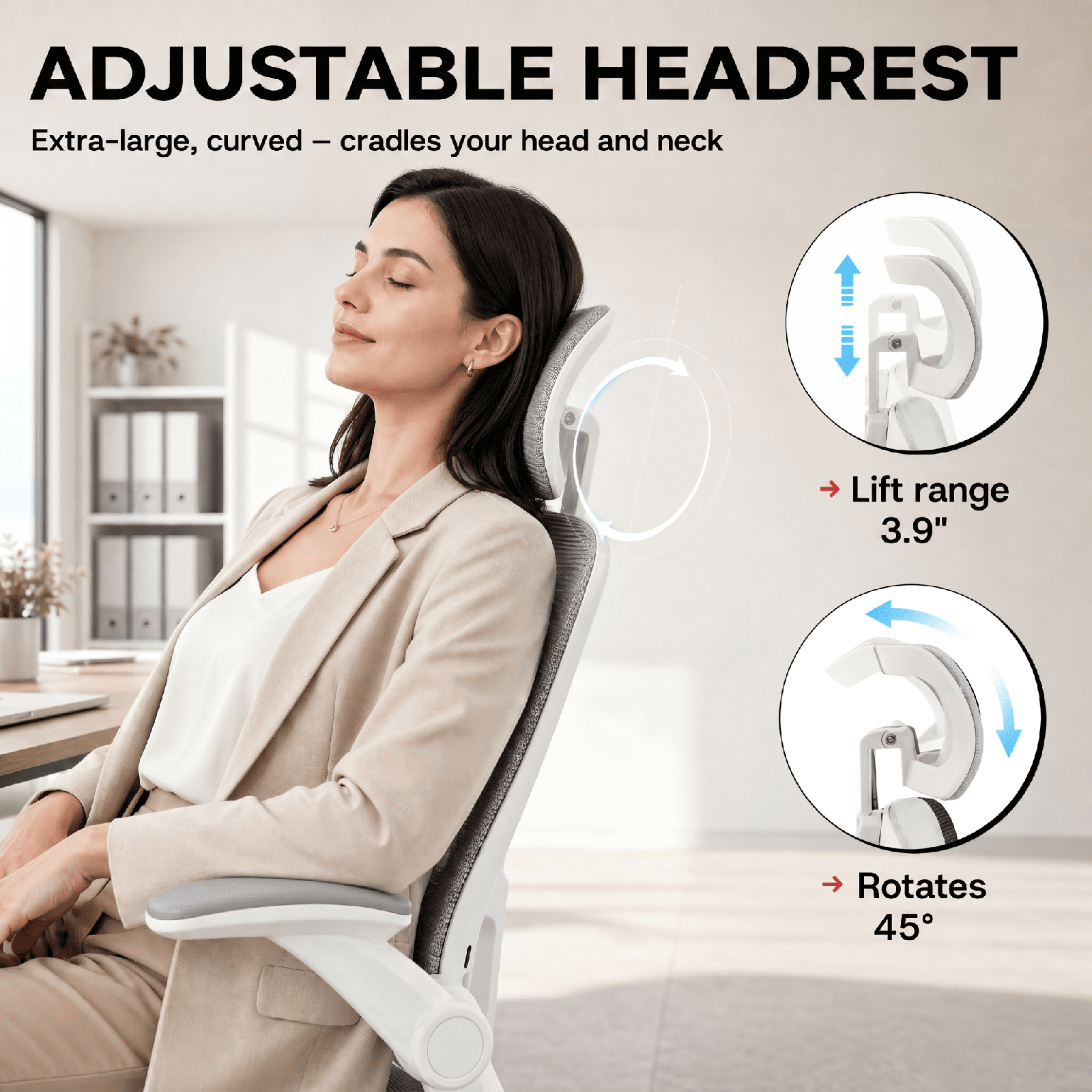 Cloudrest Pro Ergonomic Mesh Office Chair, High Back Task Chair with Flip-up Arms, Adjustable Headrest & Lumbar Support for Home Office, White