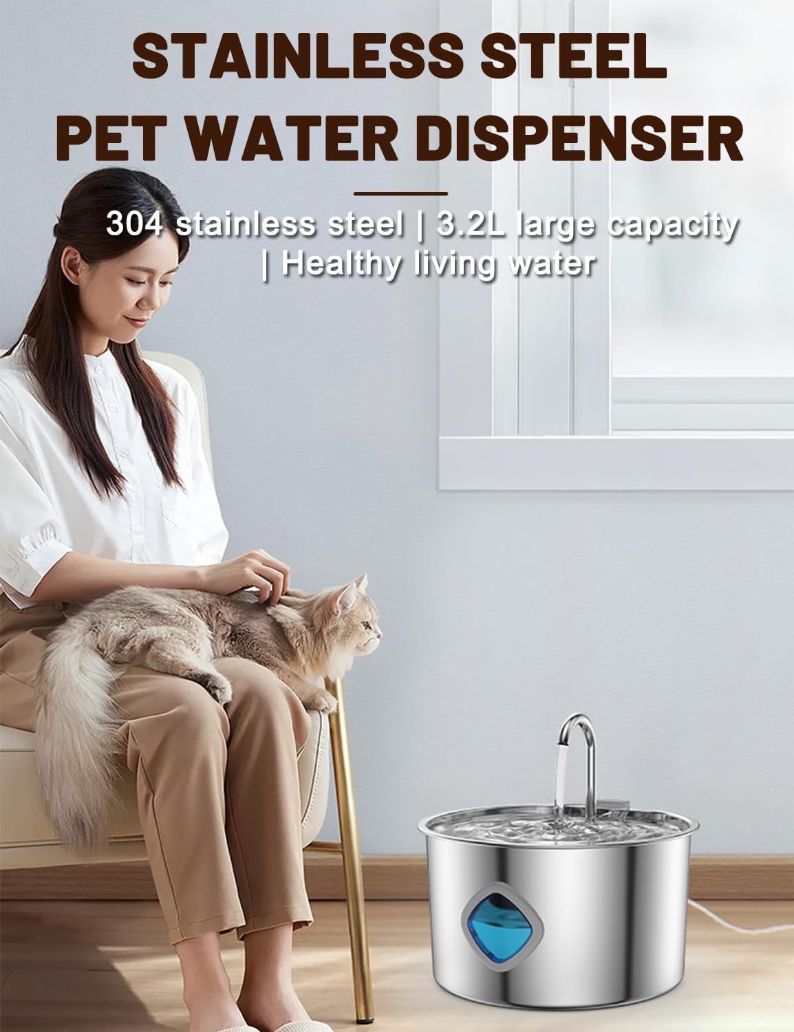 Stainless Steel Dog Water Fountain - Quad-Purification System, Continuous Circulating Flow, Quiet Operation & Easy-to-Clean