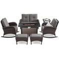 thumbnail image 3 of POCASSY 7 Pieces Fire Pit Table Set Patio Furniture with Glider Loveseat, All Weather Outdoor Conversation Set with Cushioned Patio Loveseat and Outdoor Rocking Chairs, Brown Wicker Gray Cushion, 3 of 18