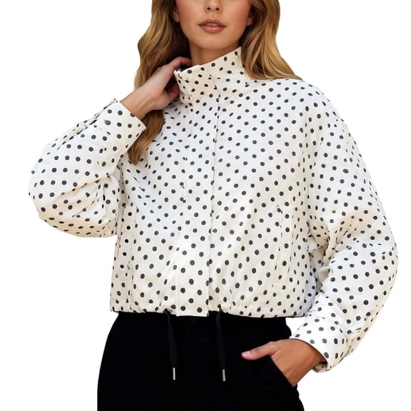 Fall Jacket Women Polka Dot Long Sleeve Stand Collar Cropped Drawstring Slim Outerwear Jackets White
