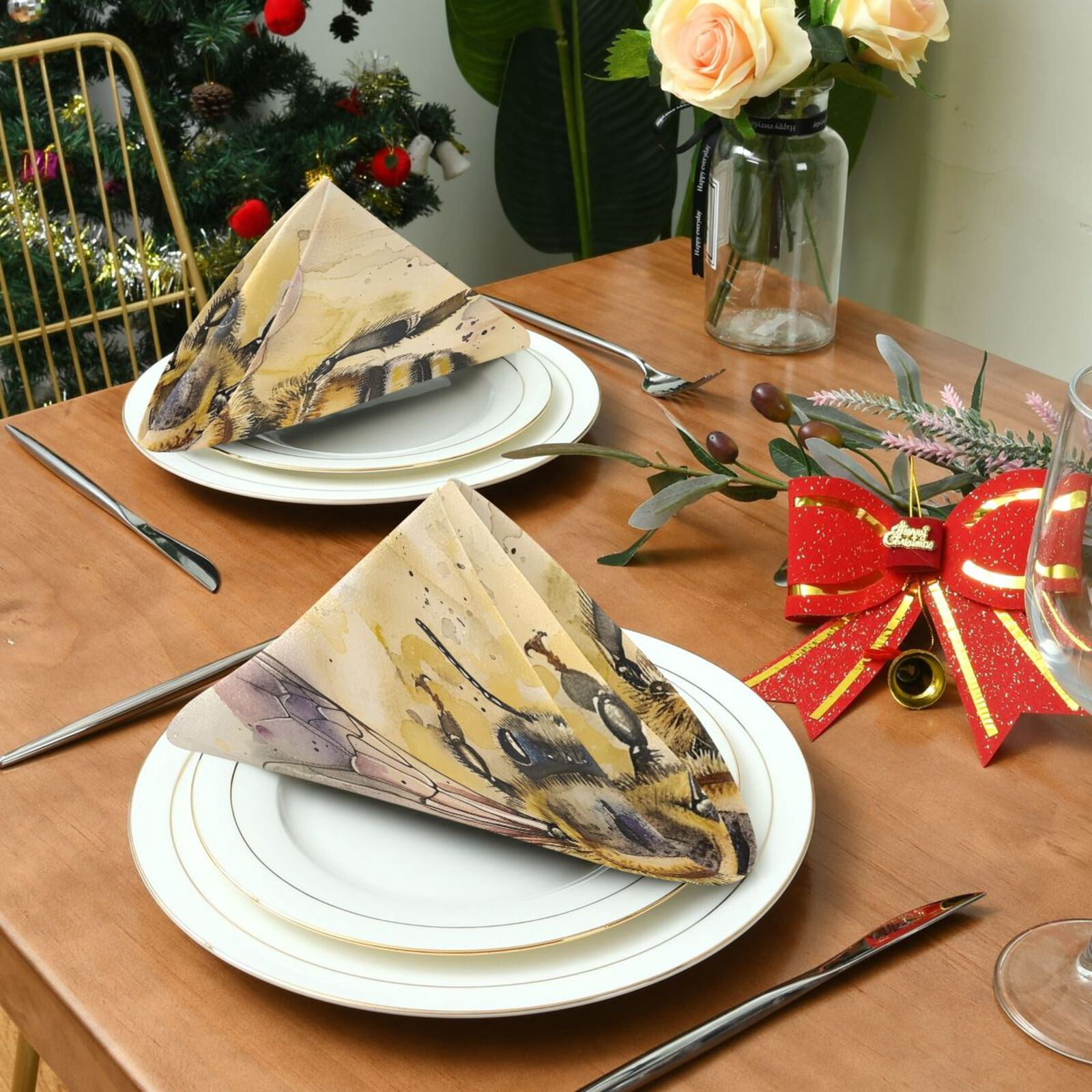 JSTEL Bee Watercolour Cloth Napkins Set of 6, 20x20 Inch Washable and Reusable Napkin for Decoupage Dinner Party Everyday Use