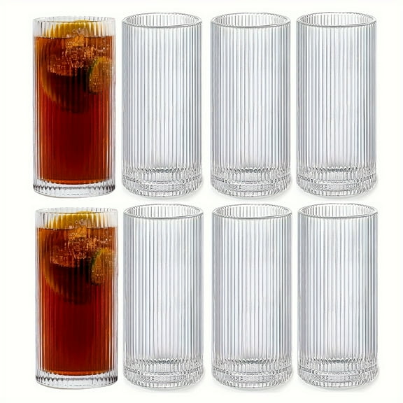 [Clear|Vintage] 8 Pack Premium Clear Vintage Ribbed Highball Glasses, 370ml Origami Glass Tumbler Set For Cocktail, Juice