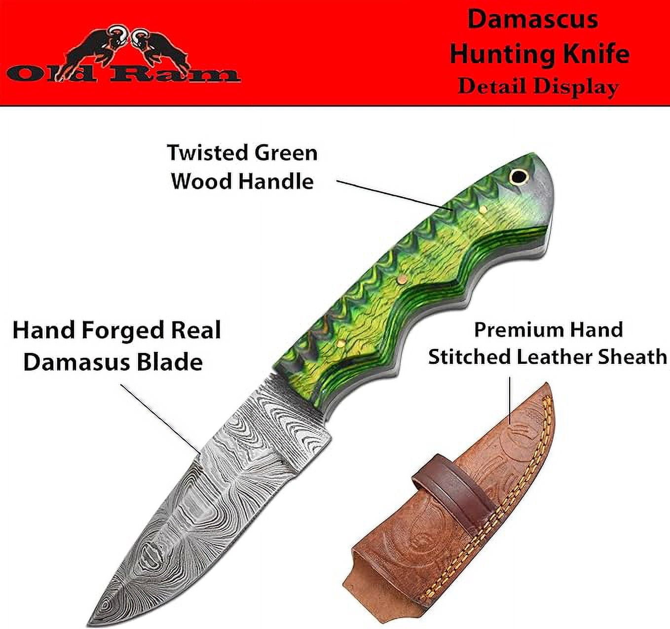 Old Ram Damascus Skinner Knife with Leather Sheath - 9" Twisted Green Wood Hunting Knife