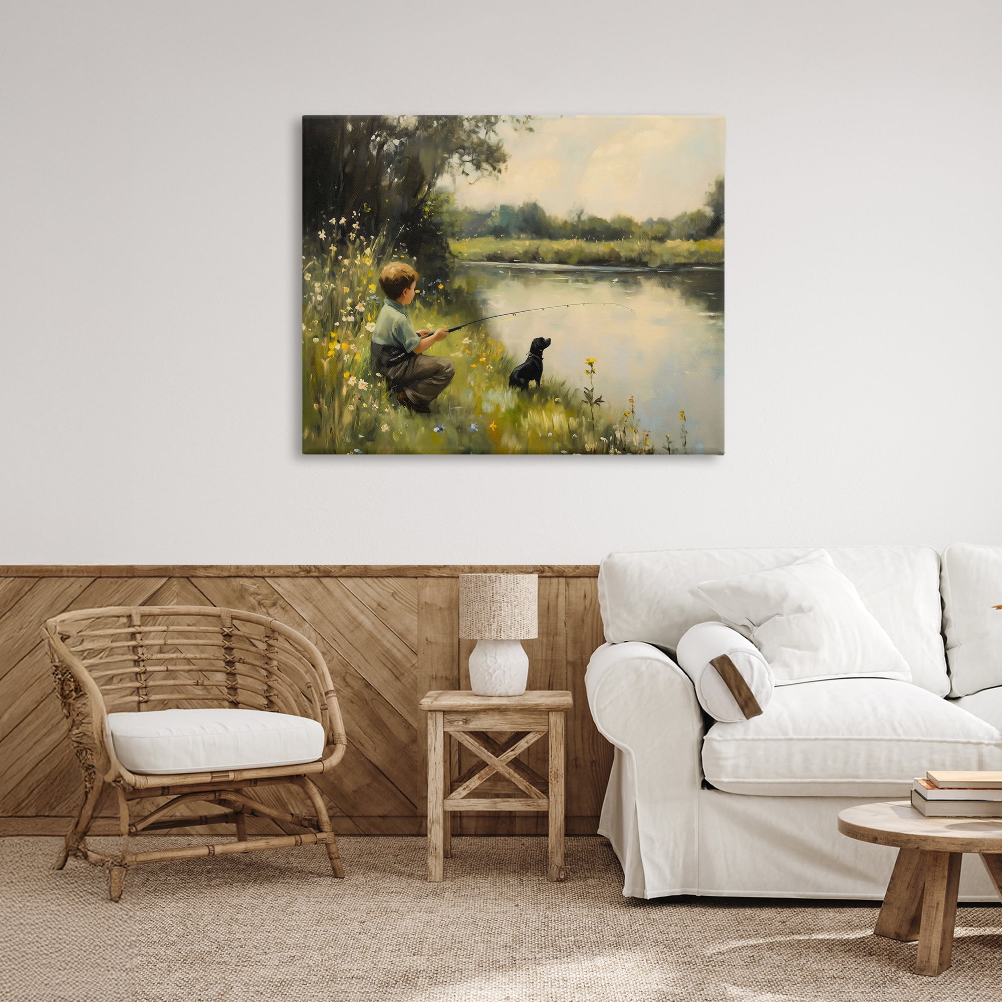 Boy & Puppy Fishing Canvas Wall Art, design by Arlington Prints