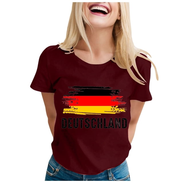 TSADFHJI Hauts pour Femmes Élégants Fête Cœur Drapeau Allemand Imprimé Manches Courtes Col Rond pour Tenue Nationale et de Voyage TG Rouge
