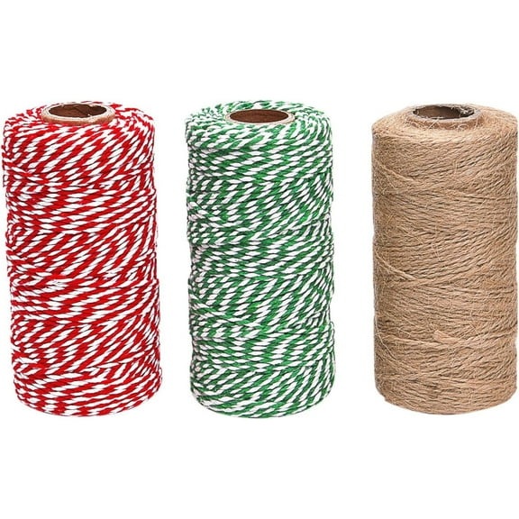 3 Rolls Christmas Cotton Twine and Natural Jute String Rope for Gift Wrapping Tag Ornaments