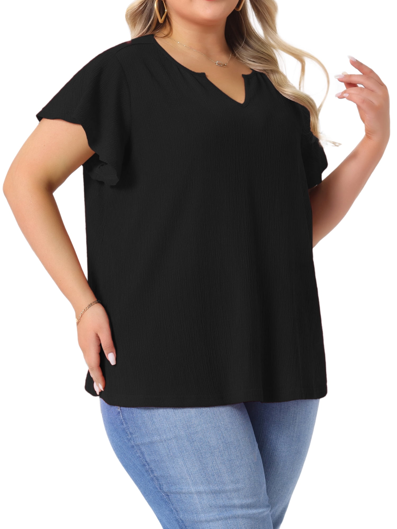 DARING DIVA Women's Plus Tops V Neck Ruffle T Shirt Blouses 3X Black
