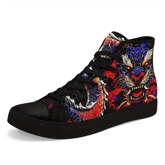 Coolcustomize Men's Plus Size Dragon Design High-top Sneakers, Athletic Shoes with Vibrant Red & Blue Dragon Print, Lace-Up Boots, Perfect Gift for Festive Occasions, Casual Streetwear Style Footwear