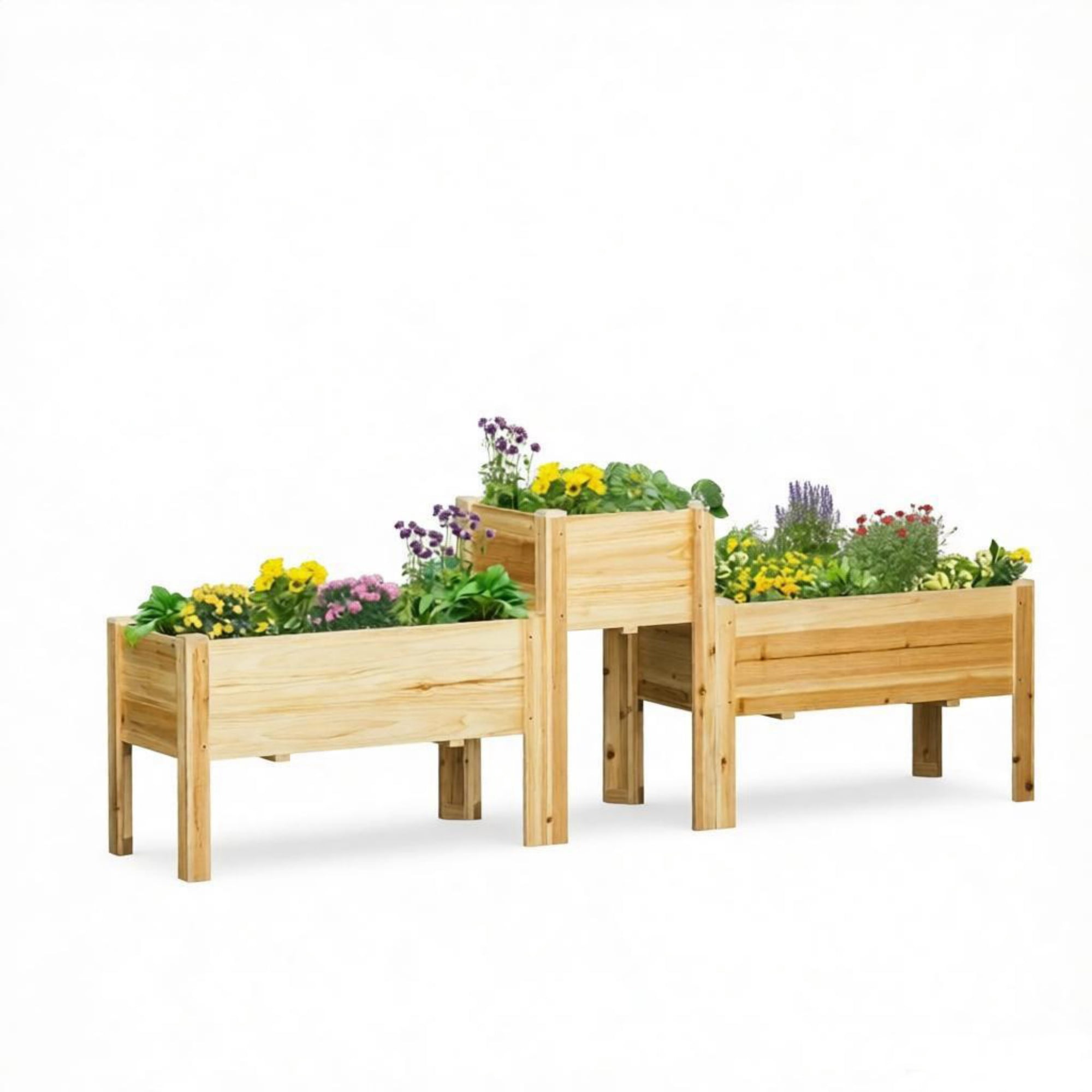 Set of 3 Wooden Elevated Planter Boxes with Legs & Liner for Vegetables, Herbs & Flowers