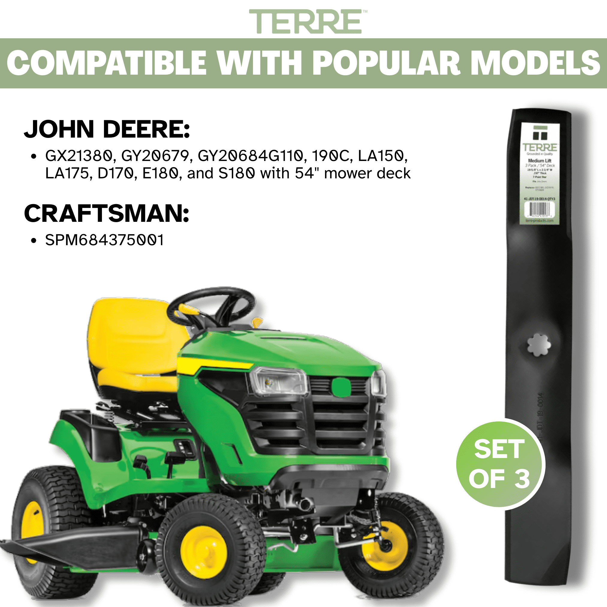 Terre Products, 3 Pack Medium Lift Lawn Mower Blades, 54 Inch Deck, Compatible with John Deere. Replacement for Part Numbers GX21380, GY20684