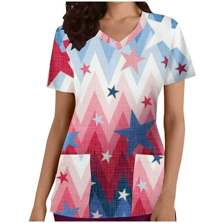 

Womens Stretch Scrubs Tops V Neck American Flag Stars Stripes Print Patriotic Shirt Breathable Comfy Nursing Scrubs with Pocket