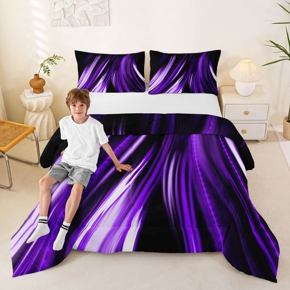 Manfei Neon Light Stripes Queen Comforter Set, Abstract Wavy Line Comforter Sets Queen, Purple Black, Black Reversible 3-Piece, 1 Comforter and 2 Pillowcases