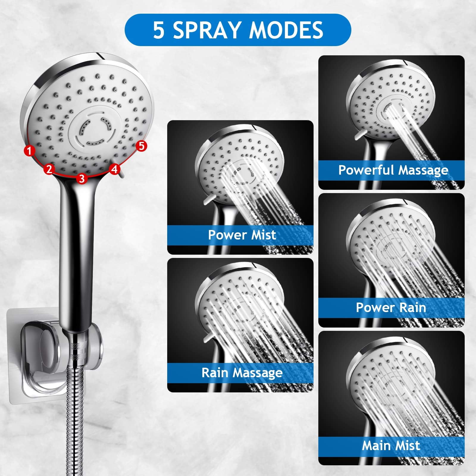Shower Head Combo 8 Inch High Rain With 11 Adjustable Extension Arm And 5 Settings Handheld Spray Against Low Water Long Hose