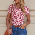 thumbnail image 6 of KLL Women 's Crew Neck Bodysuit Jumpsuits Red Flowers Print Short onesies Stretch T Shirts, 6 of 7