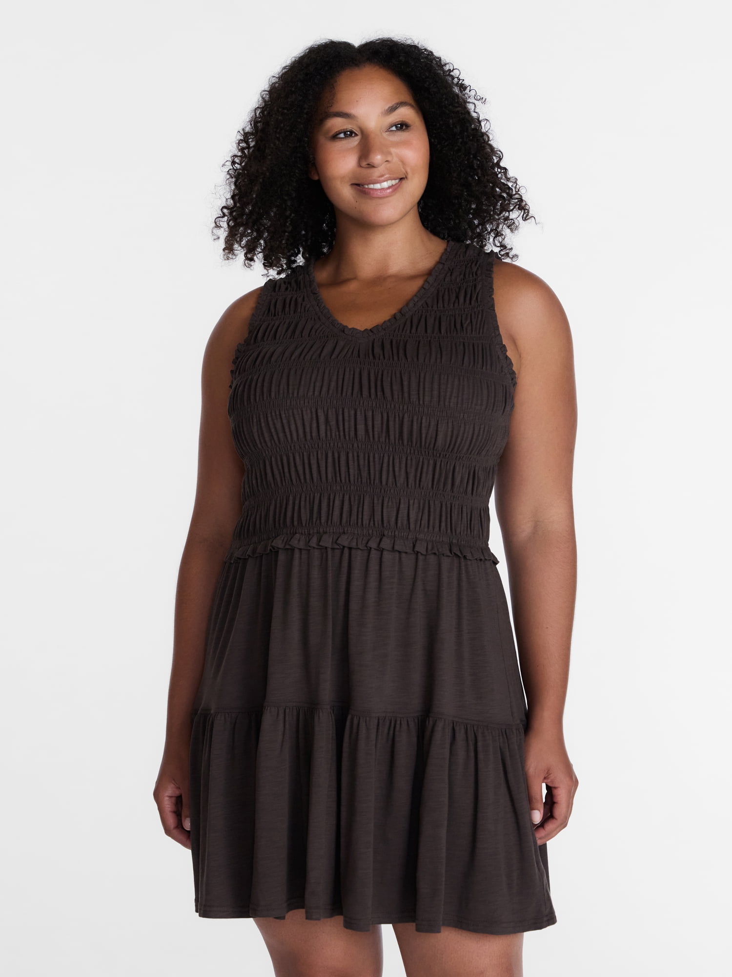 Time and Tru Women's Smocked Sleeveless Mini Dress with Ruffle Trim, Sizes XS-XXXL