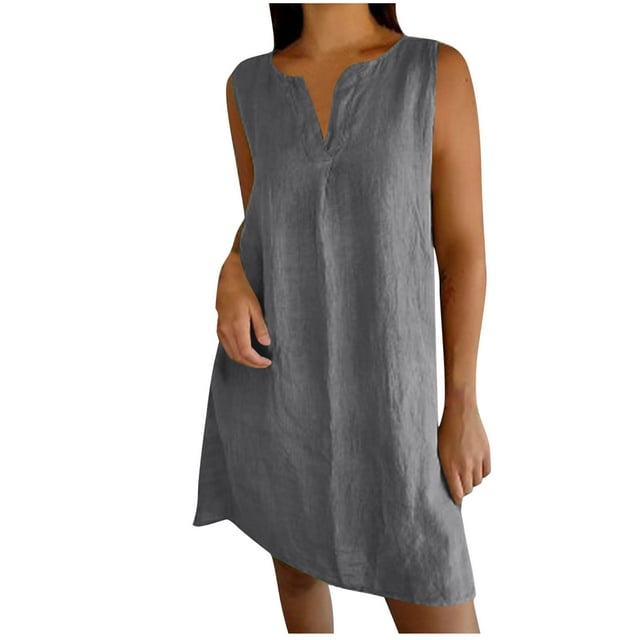 Cinvoph Robe d'Été pour Femmes Col en V Sans Manches Robes Unies Décontractées Amples Vacances Plage Robe Midi