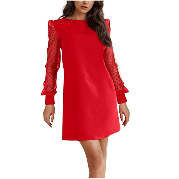 Sexlip Womens Short Dress Long Sleeve Mesh Design Soft Fabric Relaxed Silhouette for Casual Outdoor Red L