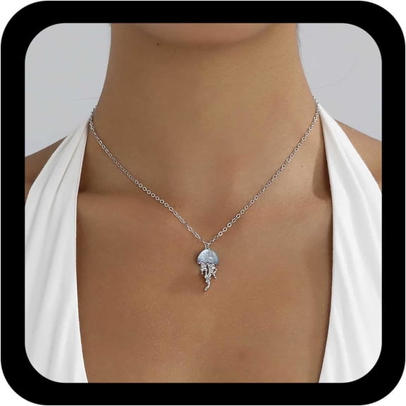 Boho Jellyfish Pendant Necklace Moonstone Silver Jellyfish Necklace Opal Jelly Fish Necklaces Sea Animal Necklaces Faux Moonstone Choker Summer Ocean Jewelry for Women