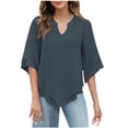 thumbnail image 2 of Jsaierl Women's Solid Color Notched V Neck 3/4 Long Sleeve Tops Classic Irregular Hem Shirts Flowy Comfortable Soft Blouses, 2 of 7