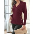 thumbnail image 3 of Women V Neck Long Sleeve Sweaters Criss -Wrap Ruched Pullover Fall Tops Wine Red M, 3 of 6