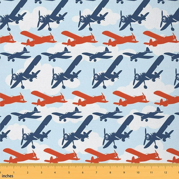 Manfei Airplane Aircraft Fabric by the Yard (1 Yard), Plane Silhouette Decorative Fabric by the Yard, Cartoon Transportation Sewing & Crafting Fabric