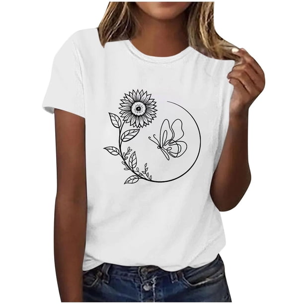 Tops de Ajuste Suelto para las Mujeres Sudadera Casual Impresa Manga Corta Cuello Redondo Superior, Poliéster