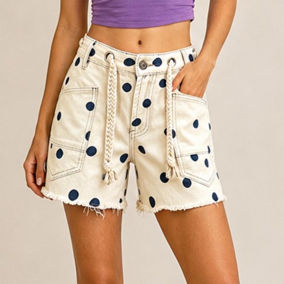 LEKWK Polka Dot Jean Shorts Womens High Waisted Drawstring Casual Denim Shorts Y2K Loose Fit Frayed Bottoms with Pockets Summer Beach Vacation Outfits