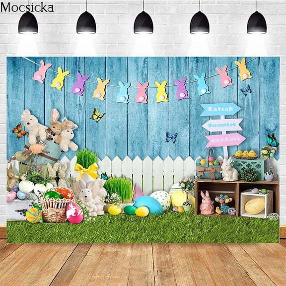 Moscicka Easter Photography Backdrop Spring Plants Rabbit Egg Bunny Children Birthday Photo Background Shooting Photocall Banner