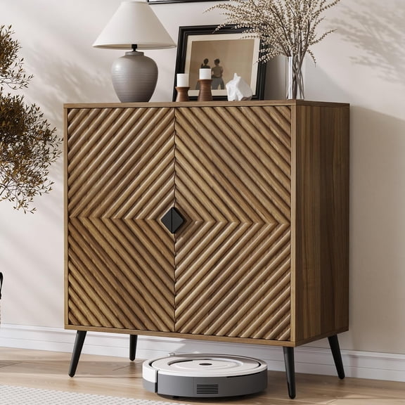 Semiocthome Buffet Cabinet with V-Shape Fluted Doors, Coffee Bar, 1 Shelf, Walnut