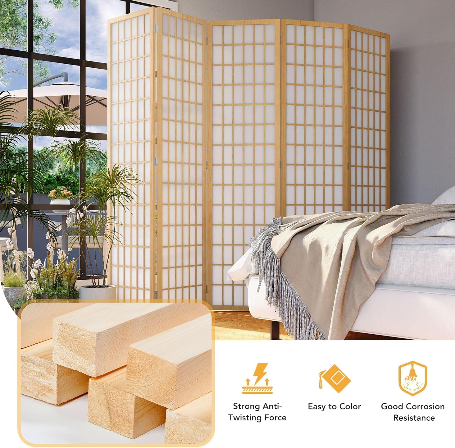 JOSTYLE Room Divider Wall 4 Panel, Folding Privacy Screen for Room Separation, Shoji Screen Japanese Style Room Divider Screen, 5.9 Ft, Natural