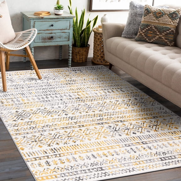 Distressed Boho Geometric Modern 5'x7' Yellow Area Rug