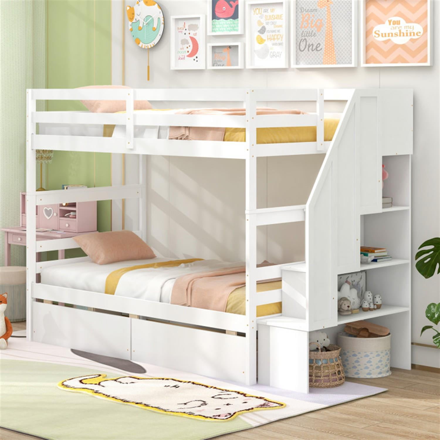 Demi Bonn Twin Over Twin Bunk Bed with Storage Stairs and Drawers, Solid Wood Bunkbeds Frame for Bedroom, No Box Spring Needed, White
