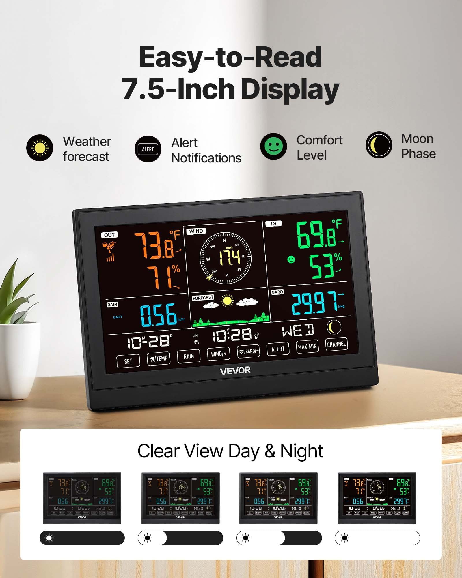 5-in-1 Wireless Weather Station 7.5 in Display Indoor Outdoor Thermometer Sensor