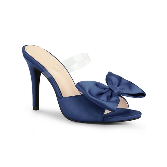 Allegra K Women's Clear Strap Bow Stiletto Heels Mules Slide Sandals Navy Blue (Size 8)